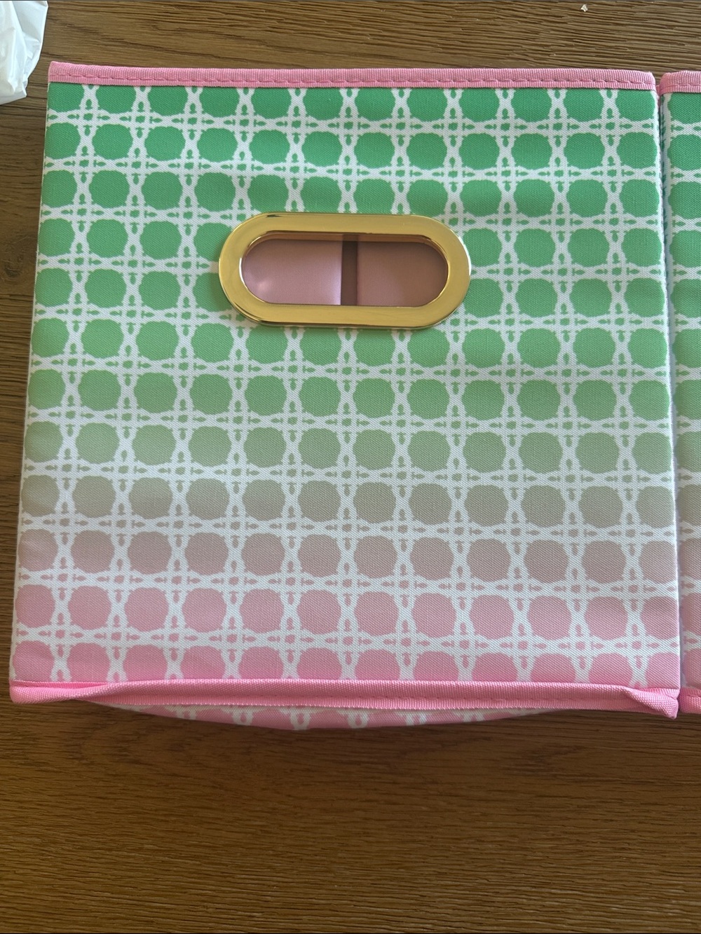 Lilly Pulitzer Pink and Green Gradient Fabric Storage Bins with Gold Handles